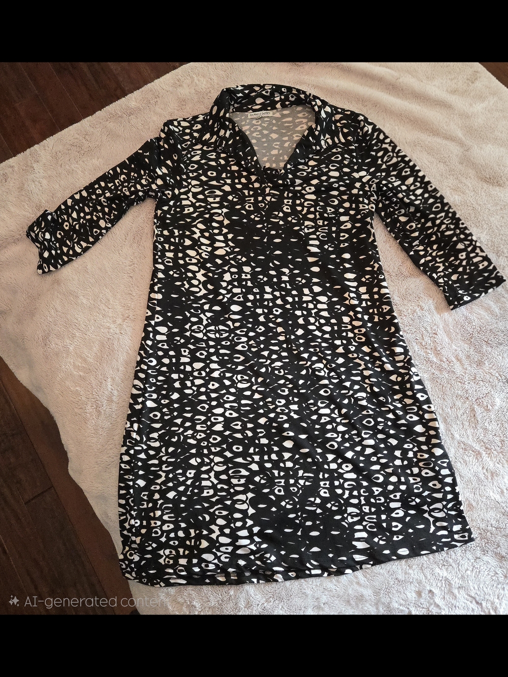 V-Neck Black & White Patterned Long-Sleeve Dress